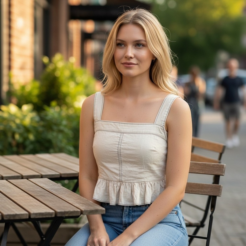 Urban Outfitters Beckett Square Neck Peplum Cami Crop Top Ivory Linen Small